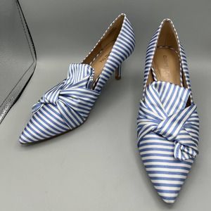 GUNMETAL Felona Satin blue /white striped pointed toe bow detail pumps size 7.5